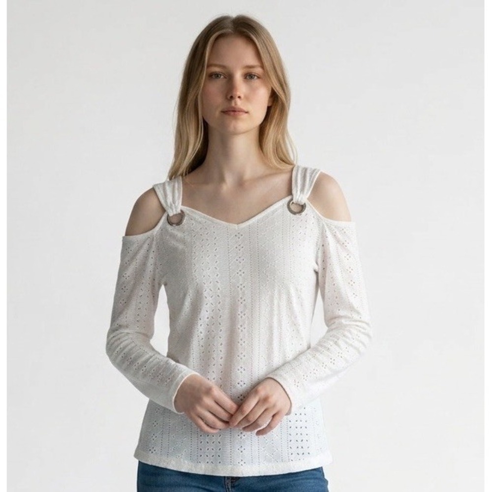 Ranlege White Cold Shoulder Eyelet Top Womens M Boho Bell Sleeve Oring Stretch
